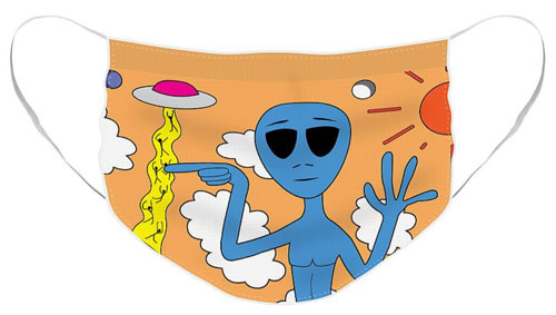 Smiling cartoon alien watching UFO abduct people