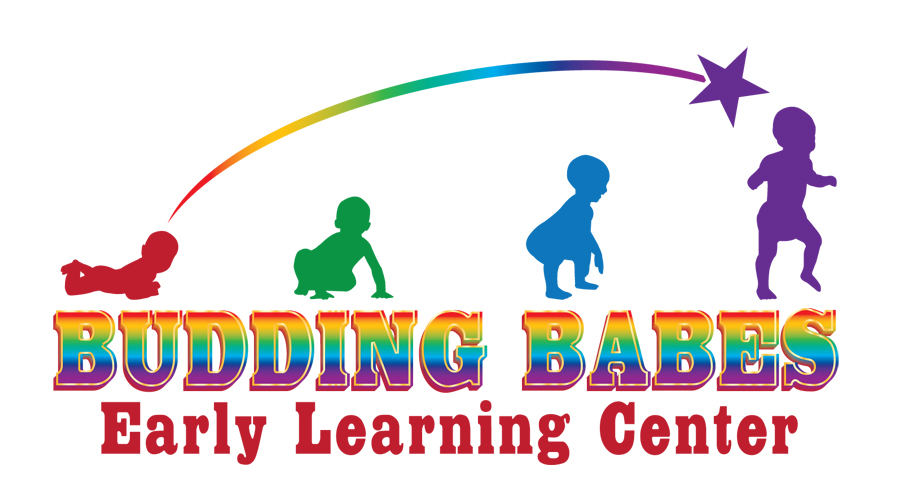 Several colorful infant silhouettes decorate the Budding Babes Early Learning Center logo