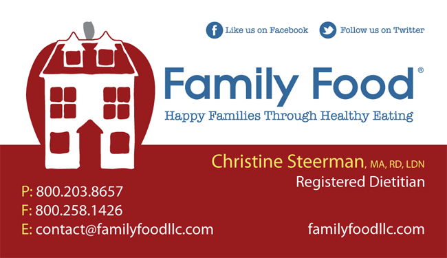 Red and blue themed Family Food business card with apple-house icon