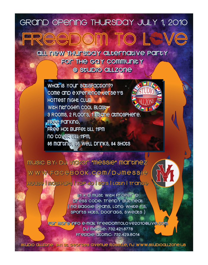 Freedom to Love informational flyer advertising a dance party