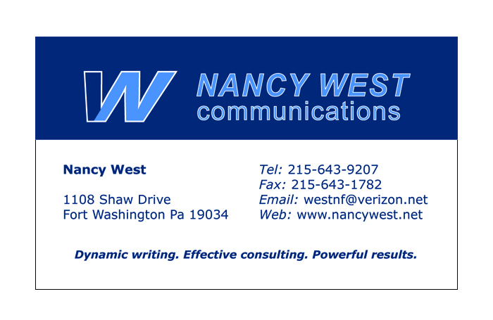 Blue-themed Nancy West Communication business card