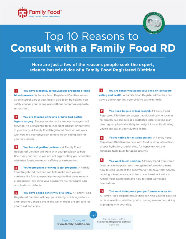 Family Food flier with top ten reasons to ronsult with an RD