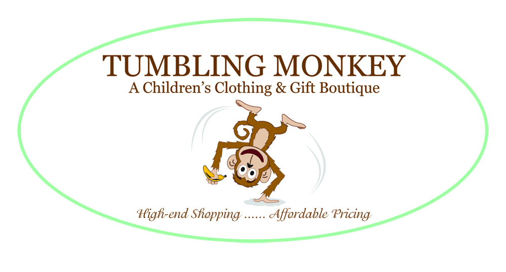 Tumbling Monkey Children's Clothes & Gift Boutique logo with somersaulting monkey