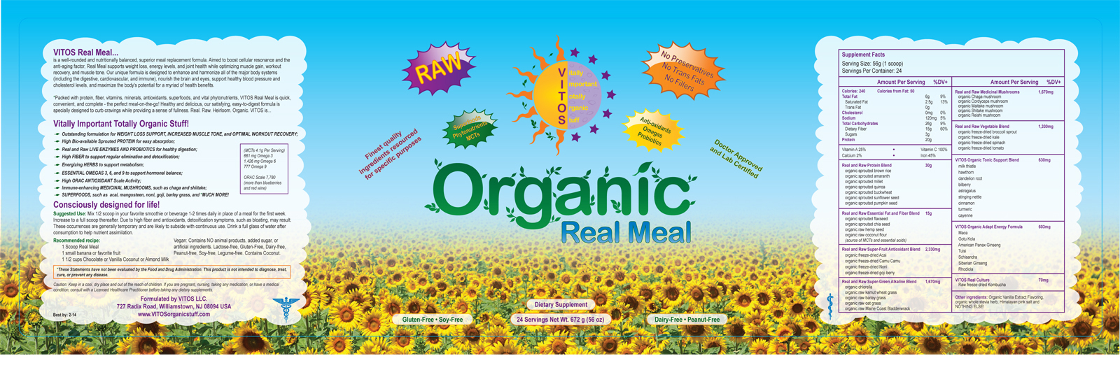 VITOs Organic Real Meal sun-themed label design