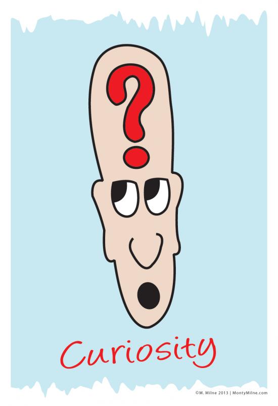 Puzzled looking cartoon face with question mark as a brain