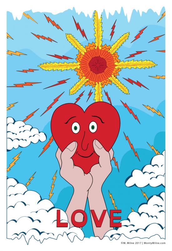 Hands lifting a red heart up to the sun