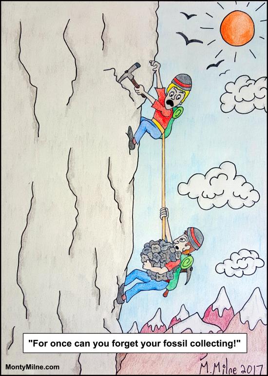 Cartoon of two men climbing rock climblng